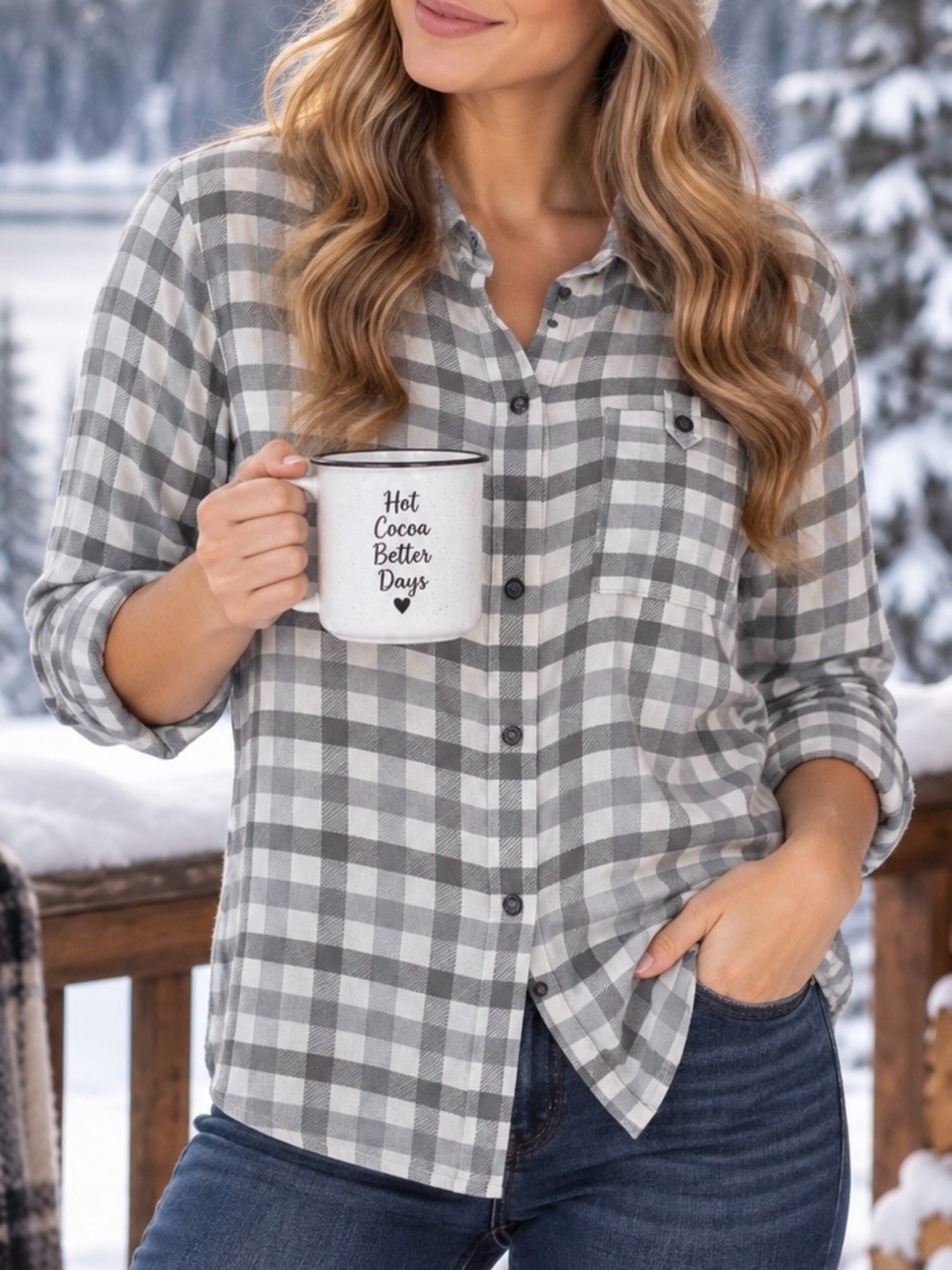 Christopher & Banks Women’s Small Gray White Plaid Rayon Button Down Shirt